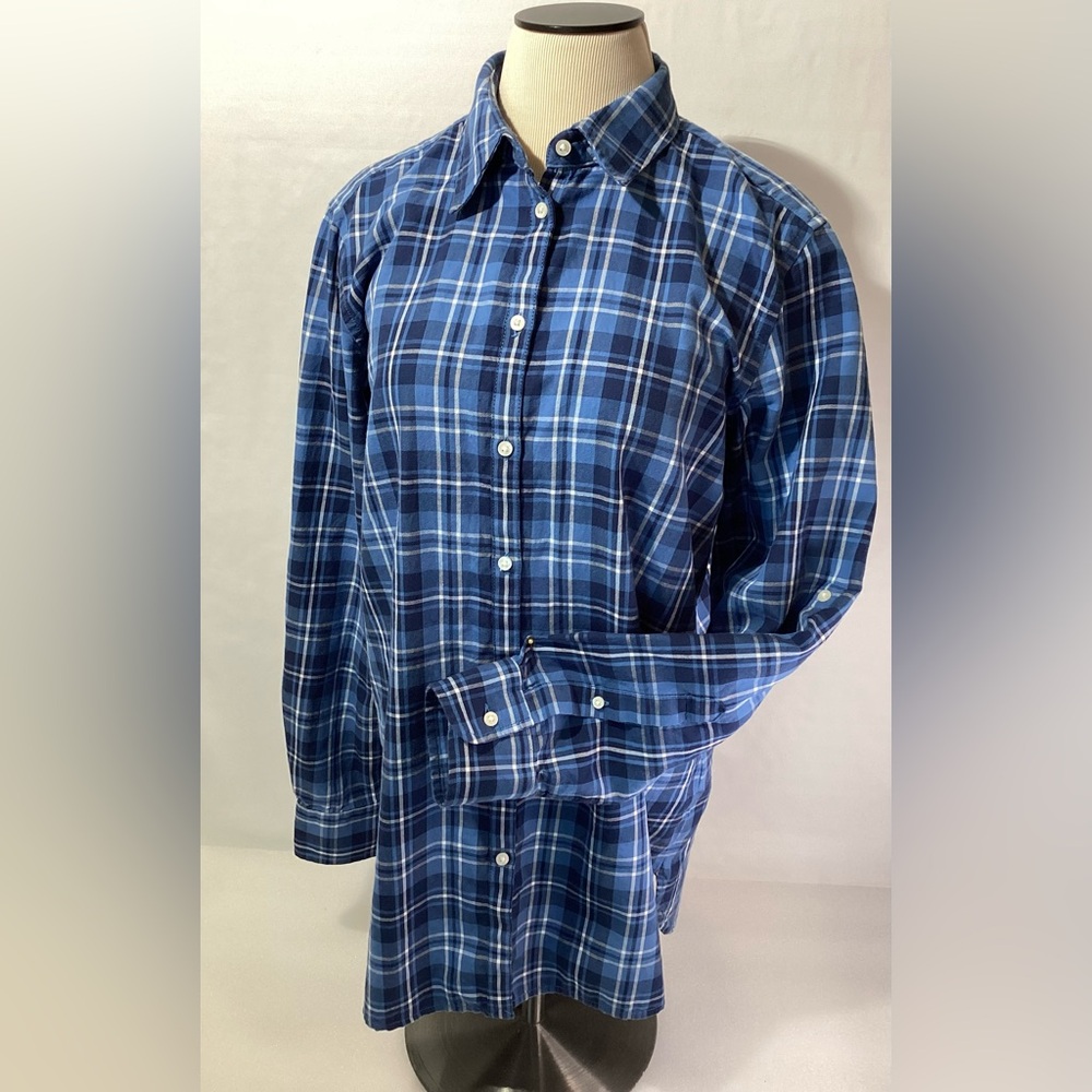 Lauren Ralph Lauren Woman’s Shirt Blue/ Black/White Plaid Roll Up Sleeve Button